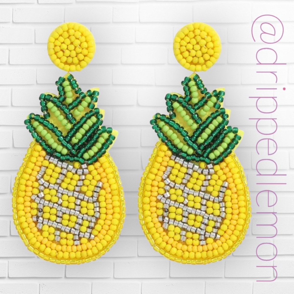 New Handmade Bead Pineapple Dangle Earrings for Women Yellow Green Summer Fun